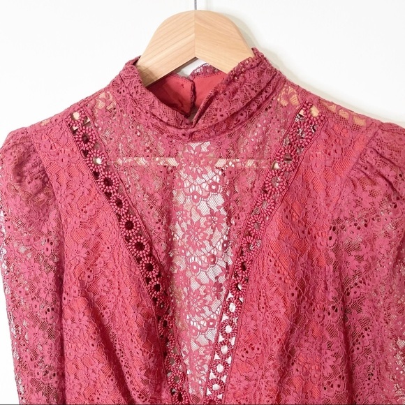 Saylor Lace Mockneck Long Sleeves Mini Celia Dress in Russet Size Medium - Picture 5 of 10